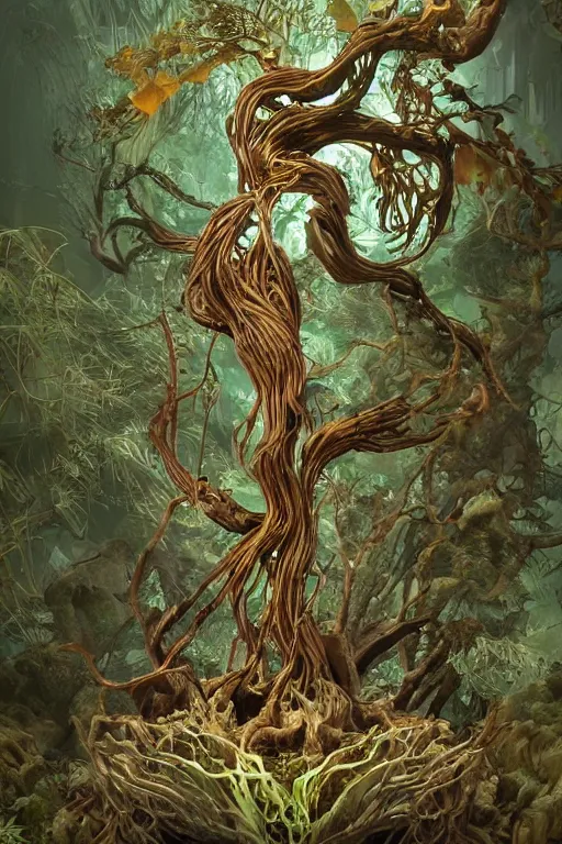 Prompt: epic 3 d oxossi, ifa deity, liquid roots and branches spinning, 2 0 mm, with brown and green water melting smoothly into herbs and wooden contraptions, fierce, animalistic, intricate, houdini sidefx, trending on artstation, by jeremy mann and ilya kuvshinov, jamie hewlett and ayami kojima, 3 d bold