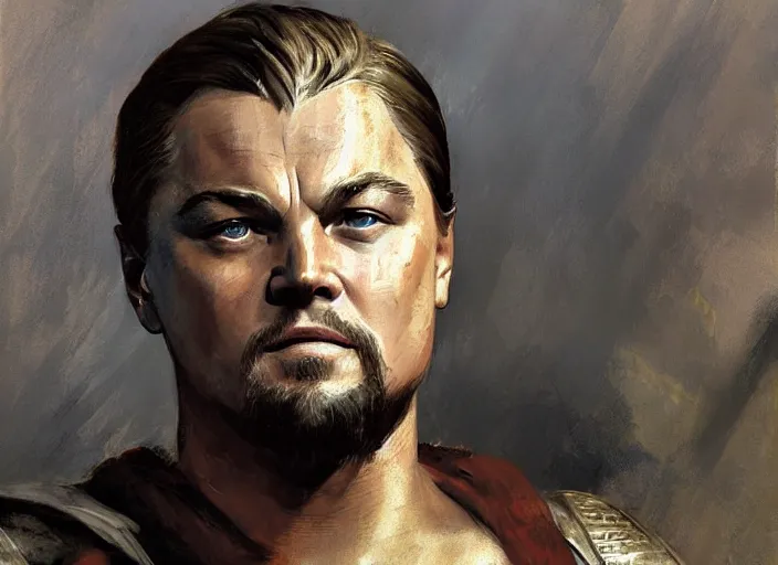 Image similar to a highly detailed beautiful portrait of leonardo dicaprio as kratos, by gregory manchess, james gurney, james jean