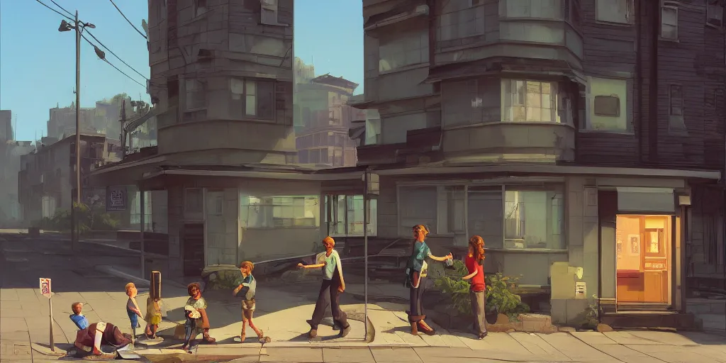 Image similar to empty residential building with owned by bank sign and homeless family outside on a street in a cardboard on curb in a city by Craig Mullins, ilya kuvshinov, krenz cushart, artgerm trending on artstation by Edward Hopper and Dan Mumford and WLOP and Rutkovsky, Unreal Engine 5, Lumen, Nanite