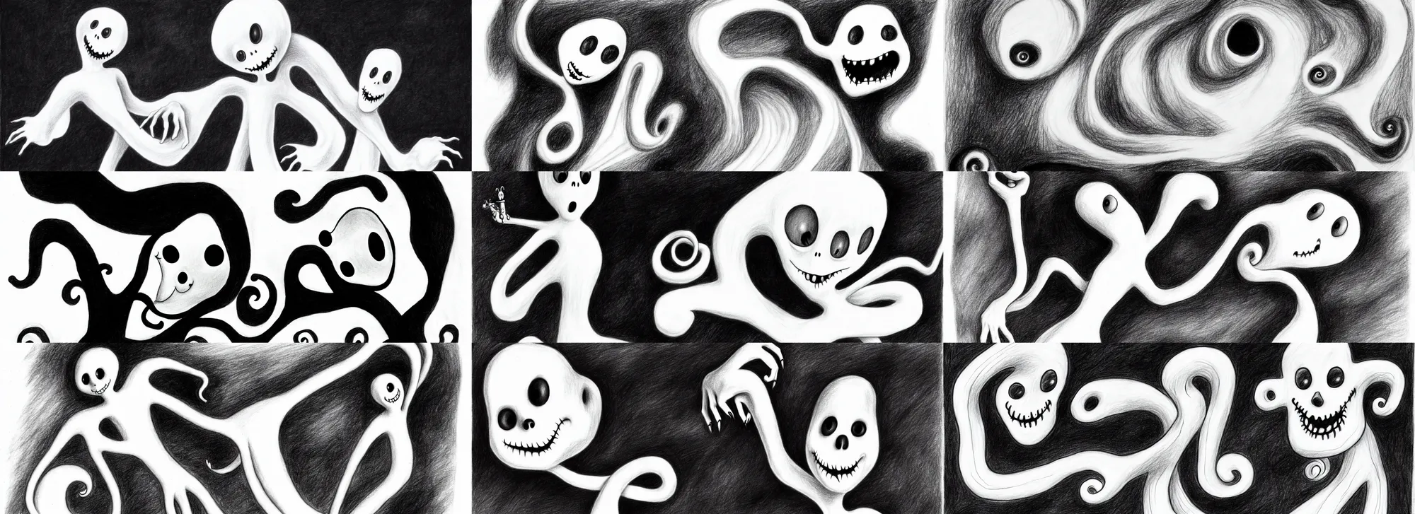 Prompt: casper the friendly ghost, pencil drawing by tim burton, white on black, whirly, twirly, curly