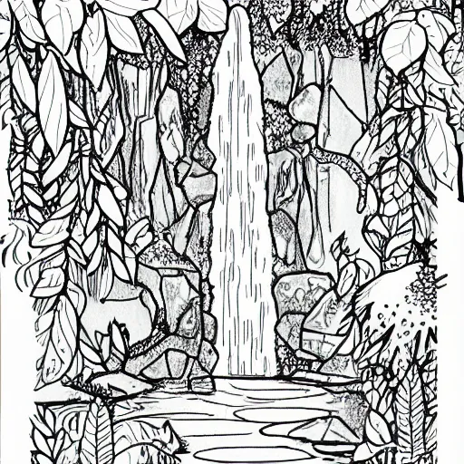 Image similar to an adult coloring page of a waterfall in the enchanted forest, light detail