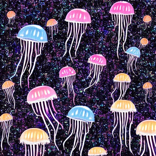 Prompt: Sparkling jellyfish swimming in glitter