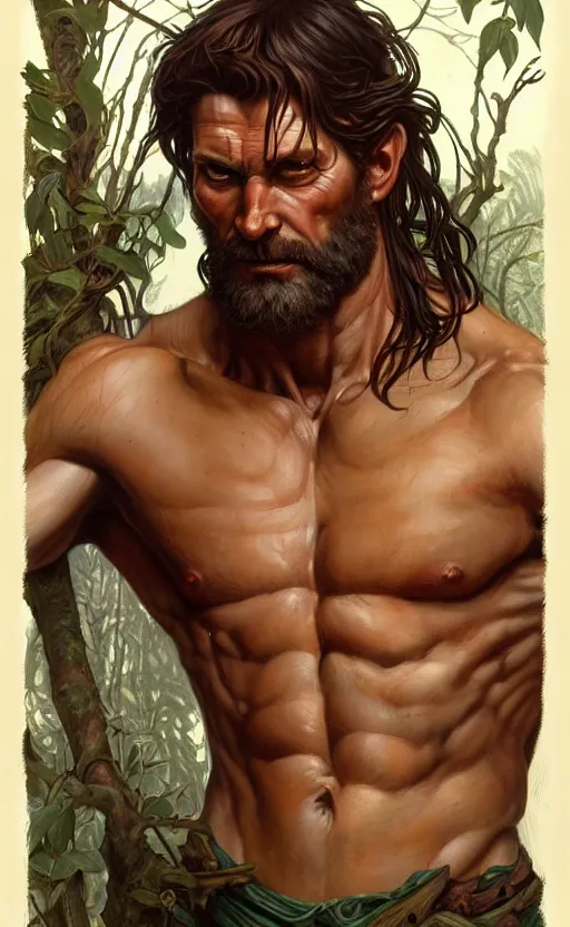 Image similar to god of the forest, 40 years old, rugged, male, gorgeous, detailed face, anatomically correct hands!!!!!!, amazing, thighs!!!!!!, muscular, intricate, highly detailed, digital painting, artstation, concept art, sharp focus, illustration, art by greg rutkowski and alphonse mucha