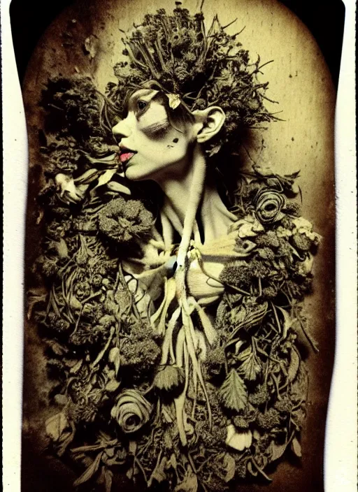 Prompt: beautiful and detailed rotten woman made of plants and many different types of flowers, muscles, intricate, organs, ornate, surreal, john constable, guy denning, dan hillier, manera, caravaggio, 1 9 1 0 polaroid photo