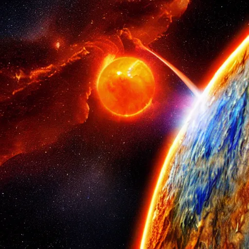 Prompt: the earth and the sun are fighting each other. space photography