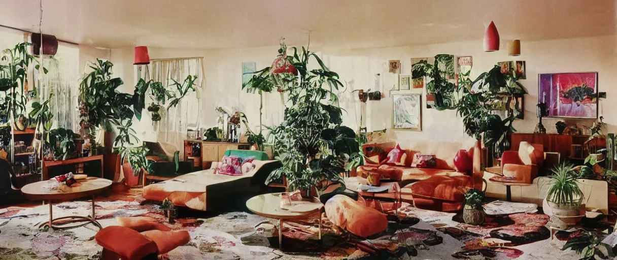 Prompt: 1970s interior design magazine photo of a living room, with a few hanging plants and lava lamps, and a couch, grainy, sunfaded, and circular windows, an A-Frame ceiling, cats on the couches, a rug on the floor, wooden walls, a potted cactus, art on the walls