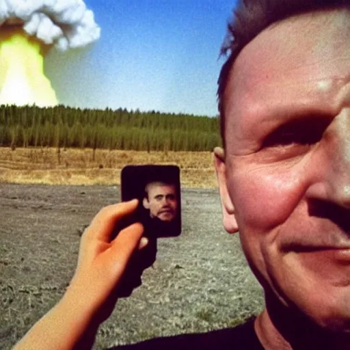 Image similar to radiation eats a ukrainian alive a selfie a second before death, against the backdrop of a huge nuclear explosion from which the skin has already burned to the bone