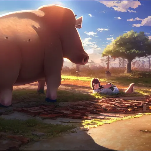 Image similar to giant pig eating everybody, highly detailed, 4k resolution, lighting, anime scenery by Makoto shinkai