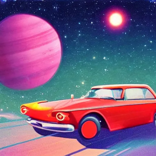 Image similar to 1960s car on a road in space driving towards a planet, synthwave