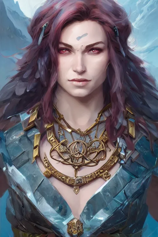 Image similar to portrait of the necklace baku evoker wearing foothills rune by artgerm and Craig Mullins, James Jean, Andrey Ryabovichev, Mark Simonetti and Peter Morbacher 16k