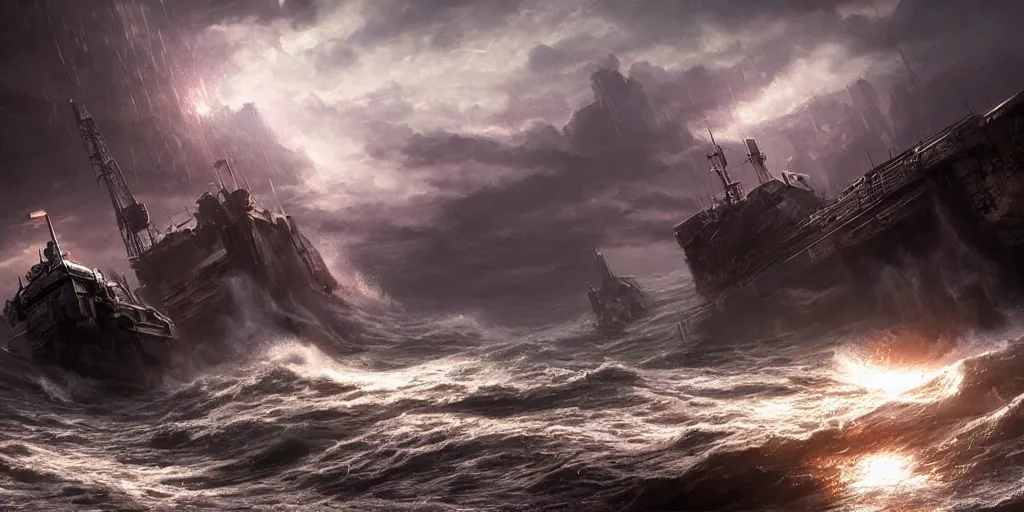 Prompt: scifi barge in turbulent waters in rocky coast, hyper realistic, highly detailed, digital art, apocalyptic, intimidating lighting, raytracing, sharp focus, smooth, romanticism