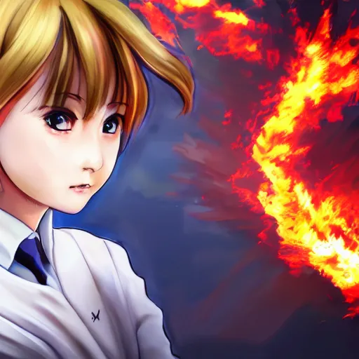 Prompt: Portrait of a Japanese schoolgirl with short hair in school uniform causing flames in a moment of rage with GUNDAM on background, ultra detailed, artstation, 8k, photorealistic, digital art.