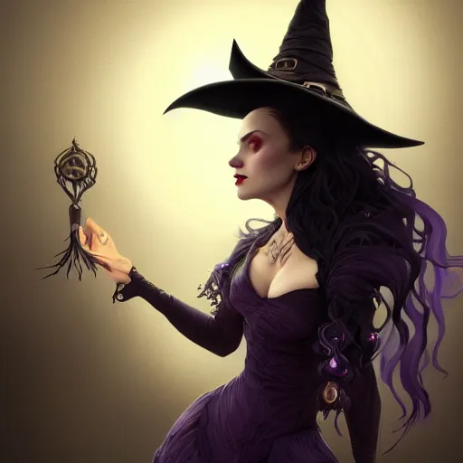 Image similar to an insanely detailed portrait of a beautiful witch with long dark purple hair standing in an smoky alchemy lab, tightly fitting black ornate dress and black witch hat, in the style of peter mohrbacher, artgerm, dramatic lighting and composition, octane render, trending on artstation, concept art 8 k