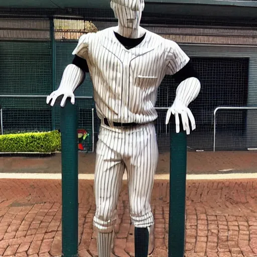 Prompt: “a realistic detailed photo of a guy who is an attractive humanoid who is half robot and half humanoid, who is a male android, baseball player Aaron Judge, shiny skin, posing like a statue, blank stare”