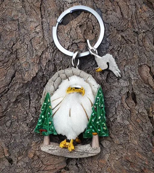 Image similar to realistic keychain of 'an eagle in the nest of a snowy pine tree'