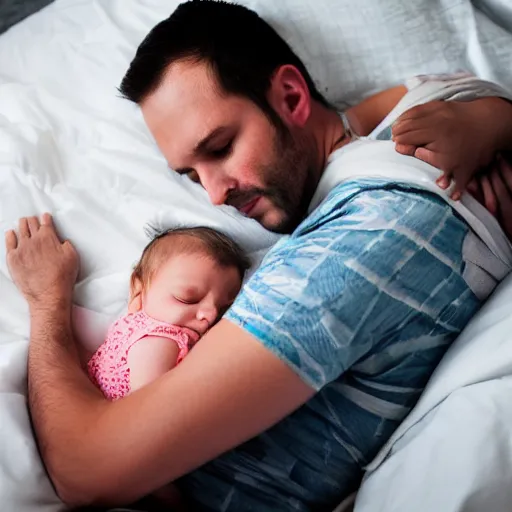 Prompt: digital photo of father hold his sleepy daughter before the bed. - 3