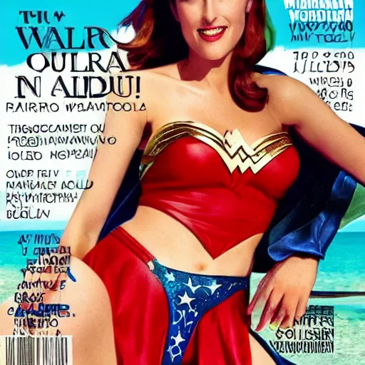 Image similar to photo of a gorgeous Gillian Anderson as wonder woman on the cover of swimsuit illustrated 1960 by Mario Testino, detailed, award winning, Sony a7R -