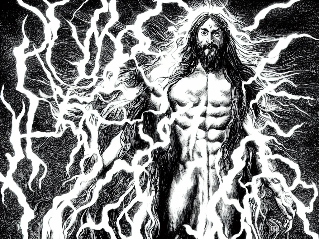 Prompt: jesus christ as a superhero with long hair and white eyes floating above the water shooting lightning out of his hands, drawn by alan moore, graphic novel, symmetrical, frontal, full body shot,