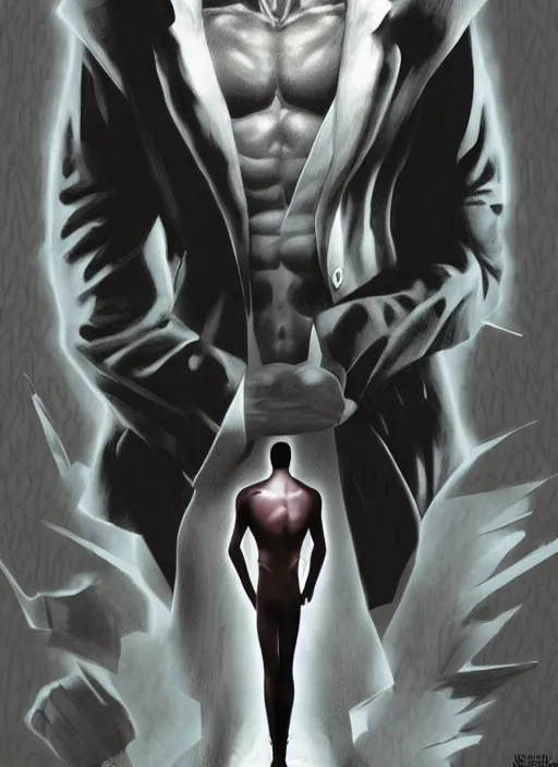 Prompt: aesthetic digital illustration of a solitary handsome young mania standing in an empty white room by brian bolland, rachel birkett, alex ross, and neal adams | sinister, dangerous, character concept, concept art, unreal engine, finalrender, centered, deviantart, artgerm