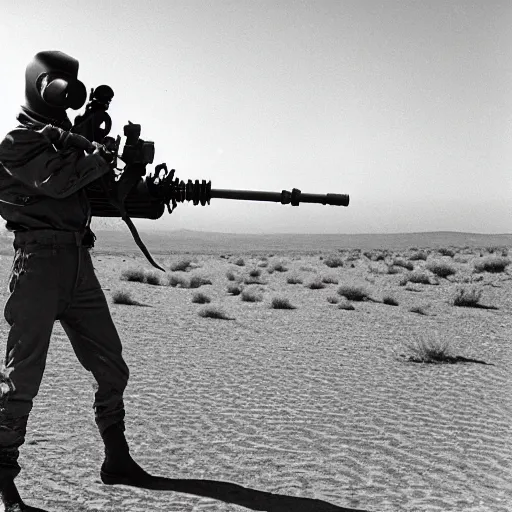 Image similar to a man wearing a gasmask, heavily equipped, in the desert, film still, arriflex 35