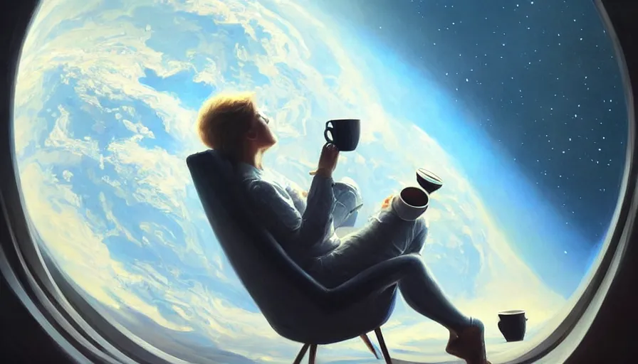 Image similar to beautiful painting of astronaut sitting in sofa with cup of coffee looking at far earth, wide shot, digital painting, intricate details, trending on artstation, concept art, octane render, realistic, highly detailed, smooth, sharp focus, beautiful, 4 k, 8 k, hd, art by charlie bowater and artgerm and greg rutkowski