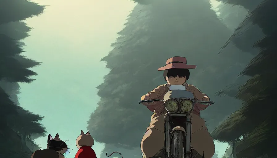 Image similar to the last fat catrider, comedy, graphic art, rgba, 8 k hd resolution, pinterest, dynamic character, 8 k character details, concept art, 8 k ultra realistic, intricate details, ultra detailed, reduce character duplication, in style of hayao miyazaki, by studio ghibli