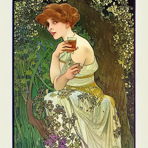 Image similar to “ girl drinking a beer under a tree, art nouveau, very detailed, gold leaf, plants, illustration by alphonse mucha ”