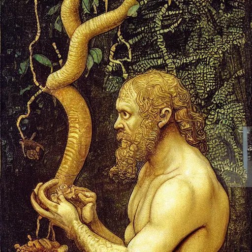 Image similar to the snake in the garden of eden holding a golden apple in its hand, coiled around a tree. painted by leonardo davinci