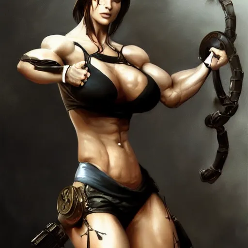 Image similar to lara croft as a female bodybuilder goth girl showing her abs, fantasy, intricate, elegant, highly detailed, digital painting, artstation, concept art, matte, sharp focus, illustration, art by aenaluck and roberto ferri and greg rutkowski, epic fantasy, digital painting