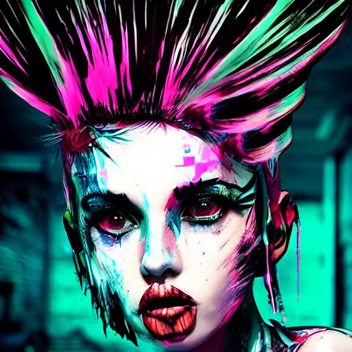 Image similar to splashes of neon, mowhawk, punk women portrait made out of paint, trending on artstation, epic composition, emotional, beautiful, rendered in octane, highly detailed, realistic, tim burton comic book art, sharp focus, unreal engine, depth of field, path tracing