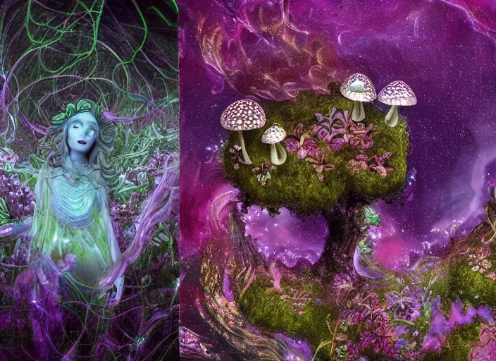 Image similar to glowing delicate flower and mushrooms that grow in a dark fatansy forest on the planet Pandora, an idealistic marble statue with fractal flowery hair in a fractal garden,