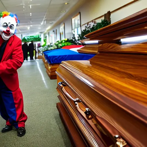 Image similar to clown shopping for coffins at a funeral home