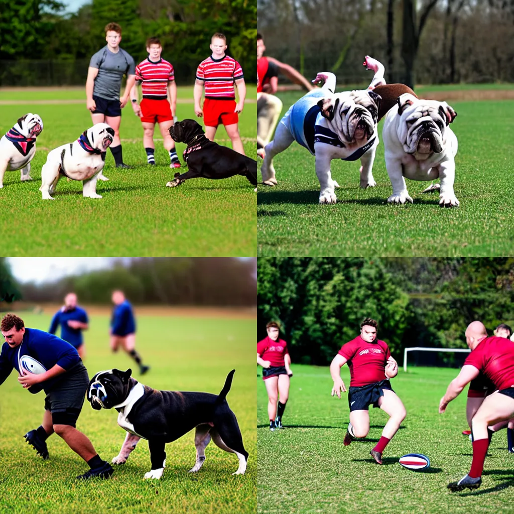 Prompt: Bulldogs out on a field playing rugby. Dogs, canines. Sports photo.