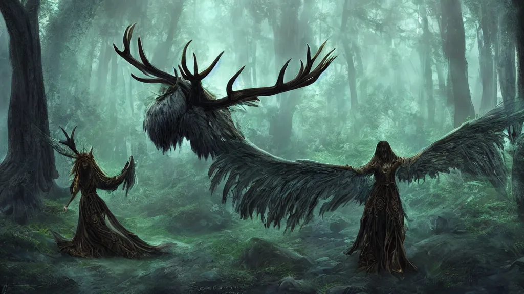 Image similar to A druid, with antlers and large wings, casting a powerful spell in the middle of an enormous, enchanted forest, dreamscape, dramatic lighting, fantasy art illustration, trending on artstation, Aetherpunk