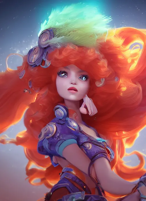 Image similar to glowwave portrait of curly orange hair girls made of feathers mist and cloud from league of legends, au naturel, hyper detailed, digital art, trending in artstation, cinematic lighting, studio quality, smooth render, unreal engine 5 rendered, 3 d octane rendered, art style by pixar dreamworks warner bros disney riot games and league of legends.