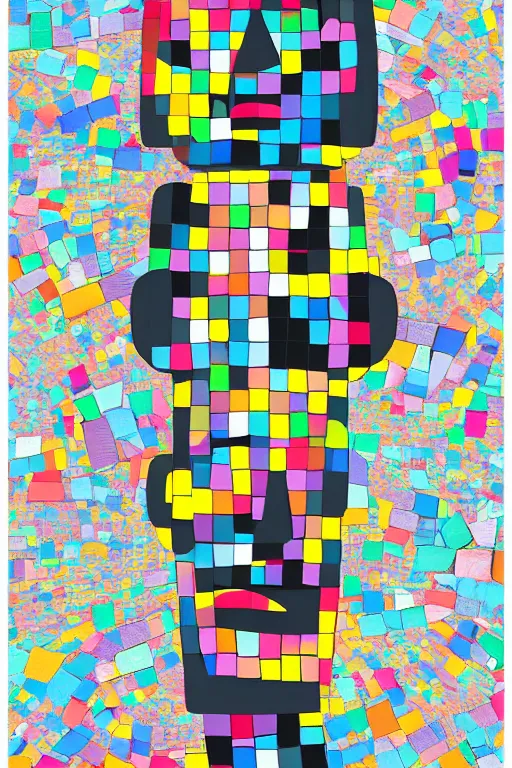 Image similar to cubist moai statue cutout digital illustration cartoon colorful beeple