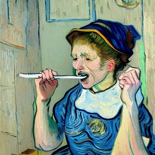 Prompt: digital painting of woman brushing teeth by Van Gogh, trending on Artstation, masterpiece, hyperdetailed