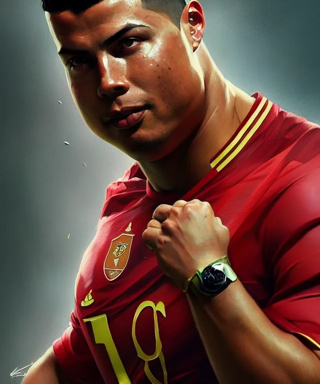 Image similar to ronaldo luis nazario da lima, football player, highly detailed, digital painting, artstation, concept art, smooth, sharp focus, illustration, art by artgerm and greg rutkowski and alphonse mucha