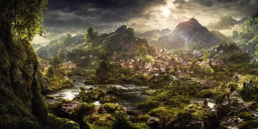 Prompt: beautiful and immersive magical town, magical buildings, bioluminescent forest surrounding, gentle rivers flowing through town, award - winning cinematography - cinematic lighting, dramatic lighting, hdr, 4 k, stunning and beautiful view - unbelievably amazing - highly detailed, hyperrealistic, in the style of lord of the rings and pan's labyrinth