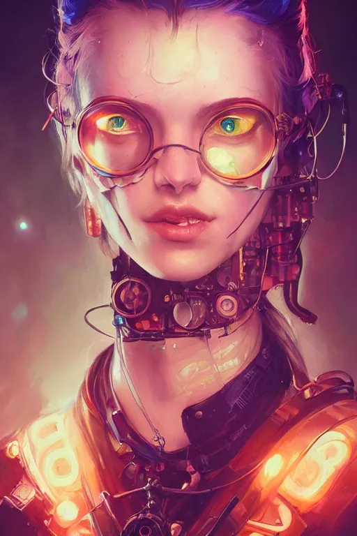 Image similar to portrait of a psychedelic steampunk girl with biotechnical parts and neon light by Artgerm and Greg Rutkowski , digital painting, highly detailed, trending on artstation