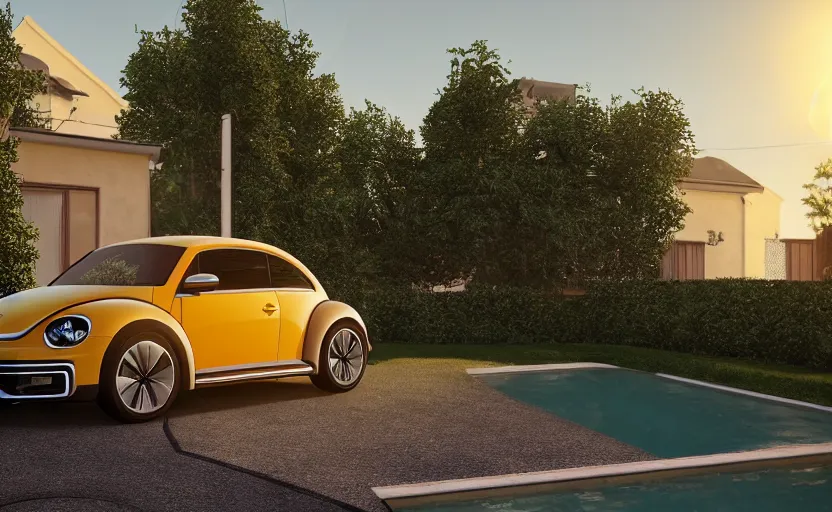 Image similar to a vw beetle parked near a modern small house with a pool at sunrise, concept art, octane render, unreal engine 5, trending on artstation, high quality, highly detailed, 8 k, soft lighting, path traced, godrays, lens flare, hyperrealistic, symmetrical, low contrast, digital art, beautiful, elegant