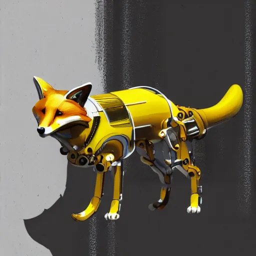 Prompt: a mechanical fox, hydraulic joints, yellow and white construct, stylised cyberpunk, digital fantasy art