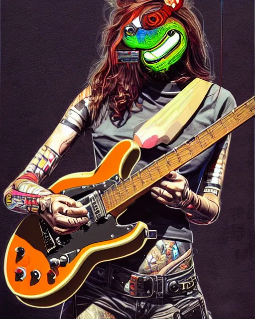 Image similar to a portrait of an anthropomorphic cyberpunk turtle shredding an electric guitar by sandra chevrier, by jon foster, detailed render, tape deck, epic composition, cybernetics, 4 k realistic, cryengine, realistic shaded lighting, sharp focus, masterpiece, by enki bilal