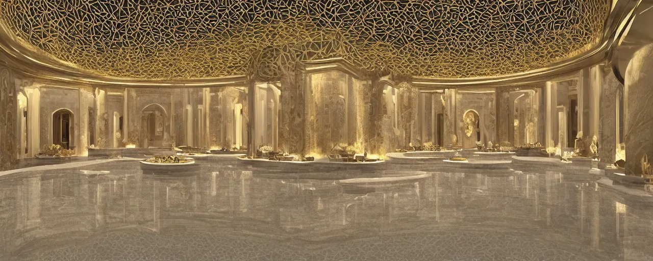 Image similar to interior of a double height hyper luxury spa with everything made of gold, candles, beige stone marble floor, wellness relaxation pool, intricate hieroglyph detailed roof, contemporary design, sacred geometry, 8 k, hyperrealistic, photorealism, windows with view to wadi al disah mountains