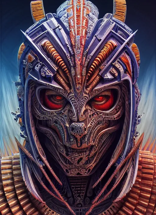 Image similar to hyper detailed ultra sharp of a aztec biomechanical warrior trance man. trending on artstation, warpaint aesthetic, earthwave, colorful, psychedelic, ornate, intricate, digital painting, concept art, smooth, sharp focus, illustration, art by artgerm and greg rutkowski and h. r. giger, 8 k