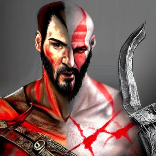 Prompt: Concept art of Keanu reeves as kratos from god of war game