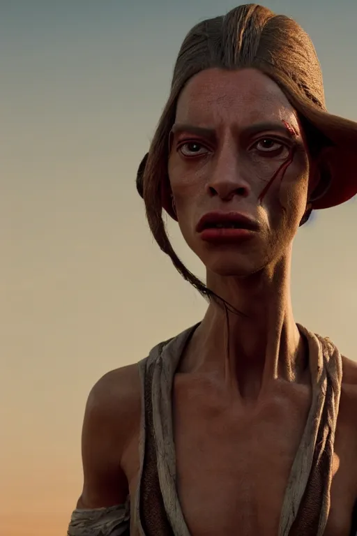 Image similar to film still of jar jar binks as a female cowgirl, long eyeslashes, big juicy lips, big seductive eyes, dramatic cinematic lighting, dolce & gabbana campaign, shot by mario testino, realistic vfx simulation, 4 k