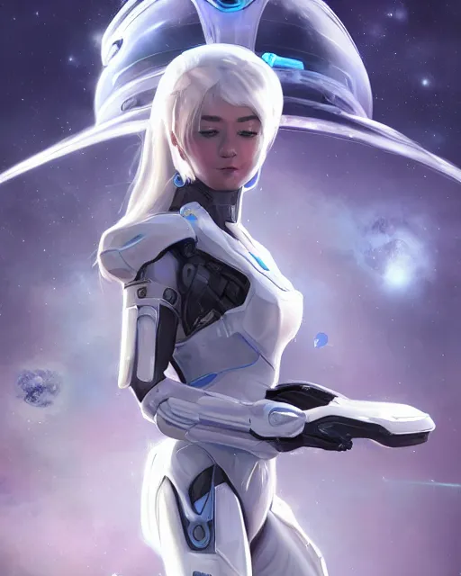 Image similar to photo of a beautiful girl on a mothership, android, warframe armor, pretty face, scifi, futuristic, galaxy, raytracing, dreamy, perfect!!!, cosmic wind, pure, white hair, blue cyborg eyes, glow, insanely detailed, artstation, innocent look, art by gauthier leblanc, kazuya takahashi, huifeng huang