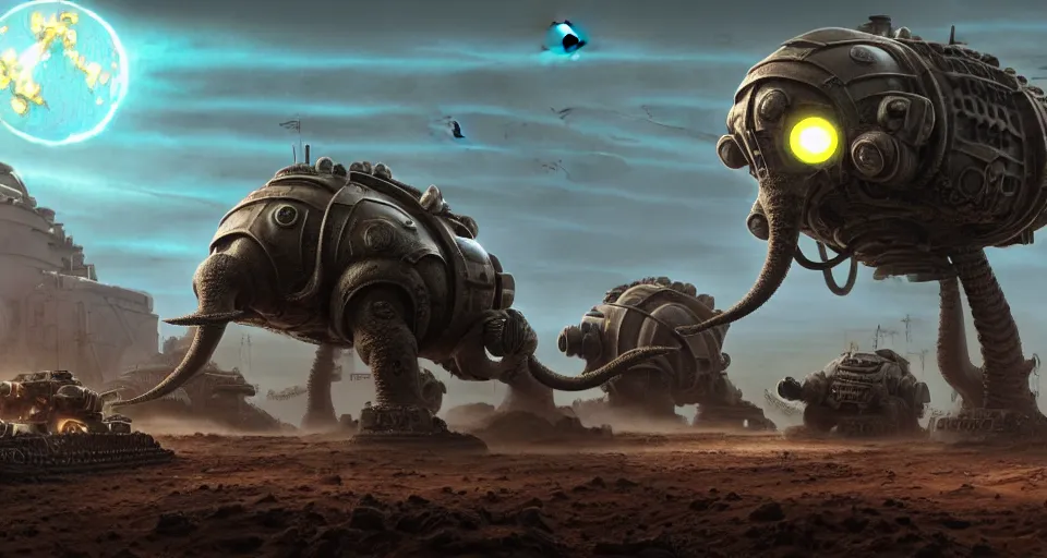 Prompt: pixar octopus running brontosaurus atat elephant googly eyes, military tank fury road iron smelting pits space marines, highly detailed cinematic scifi render of 3 d sculpt of spiked gears of war skulls, military chris foss, john harris, hoover dam'aircraft carrier tower'beeple, warhammer 4 0 k, halo, halo, mass effect