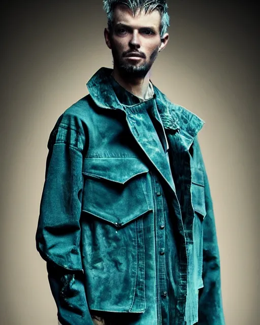 Prompt: an award - winning photo of an ancient male model wearing a plain baggy teal distressed medieval designer menswear military jacket designed by alexander mcqueen, 4 k, studio lighting, wide angle lens, 2 0 0 4